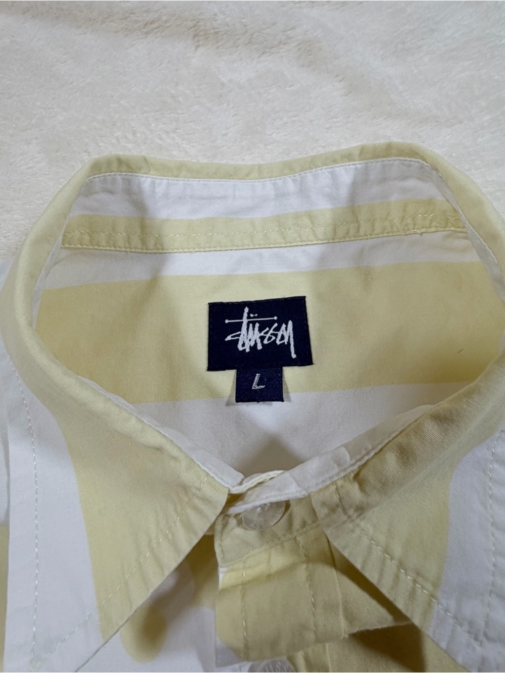 Vintage NOS Stussy “Back Flip” Yellow White Floral Striped Cotton Button-Up Sz L - Picture 3 of 11